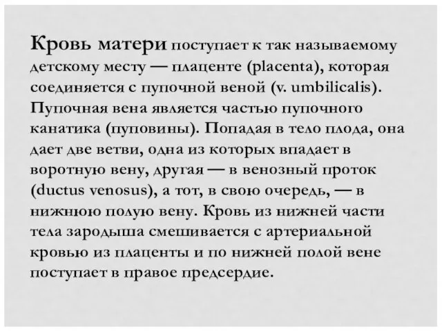 Кровь матери поступает к так называемому детскому месту — плаценте (placenta),