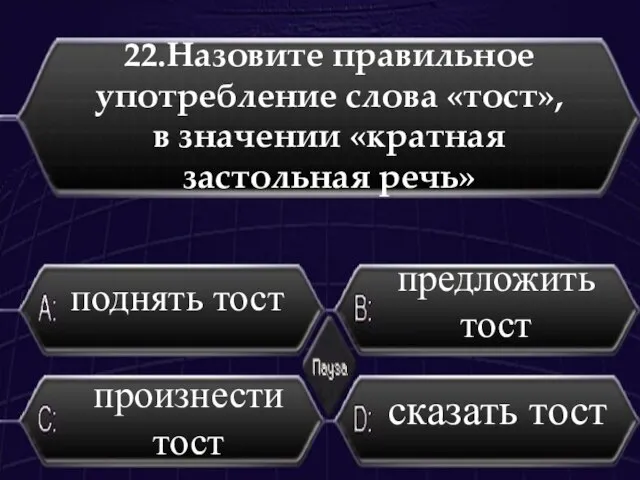 22.Назовите правильное употребление слова «тост», в значении «кратная застольная речь» произнести