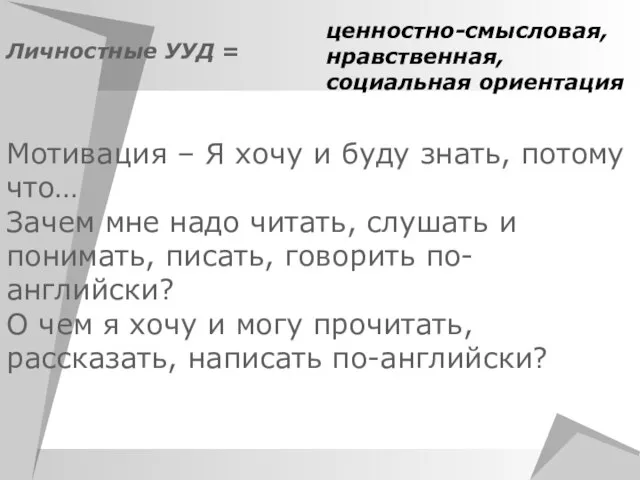 Личностные УУД = Мотивация – Я хочу и буду знать, потому