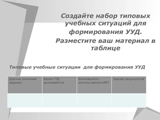 Типовые учебные ситуации для формирования УУД Создайте набор типовых учебных ситуаций