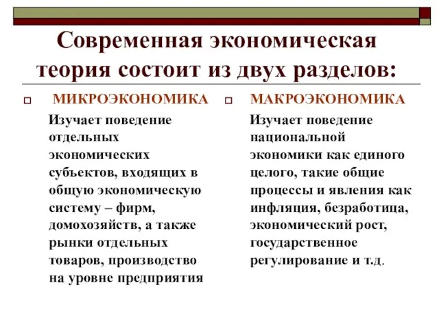 Современная экономическая теория состоит из двух разделов: МИКРОЭКОНОМИКА Изучает поведение отдельных