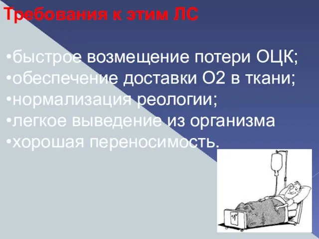 Требования к этим ЛС быстрое возмещение потери ОЦК; обеспечение доставки О2