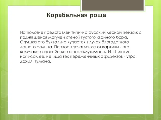 На полотне представлен типично русский лесной пейзаж с поднявшейся могучей стеной