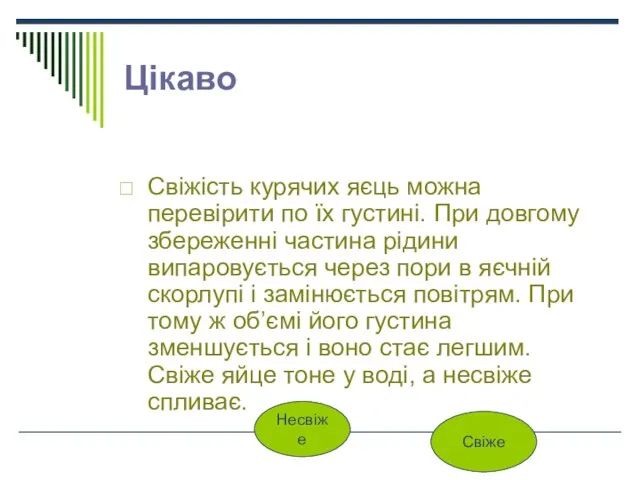 Цікаво Свіжість курячих яєць можна перевірити по їх густині. При довгому