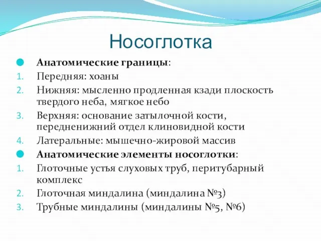 Носоглотка Анатомические границы: Передняя: хоаны Нижняя: мысленно продленная кзади плоскость твердого