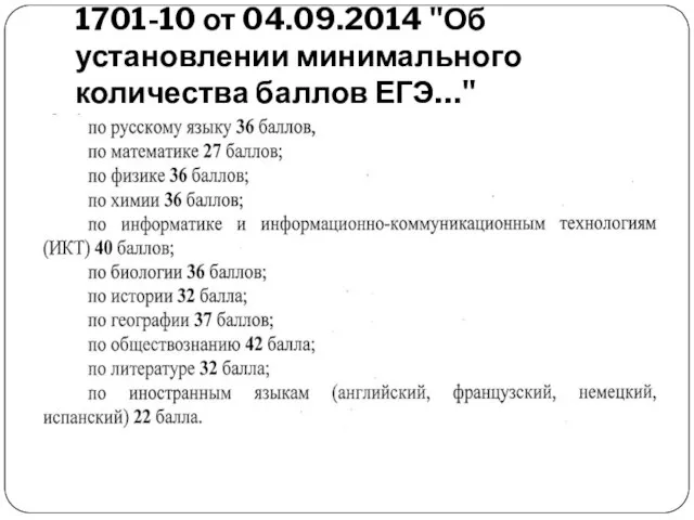 Распоряжение Рособрнадзора № 1701-10 от 04.09.2014 "Об установлении минимального количества баллов ЕГЭ…"