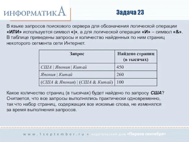 Задача 23 В языке запросов поискового сервера для обозначения логической операции