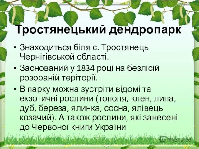 Тростянецький дендропарк Знаходиться біля с. Тростянець Чернігівськой області. Заснований у 1834
