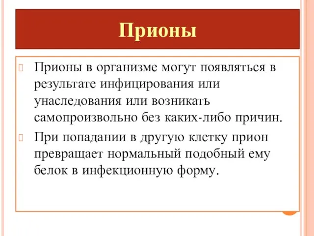 Прионы Прионы в организме могут появляться в результате инфицирования или унаследования