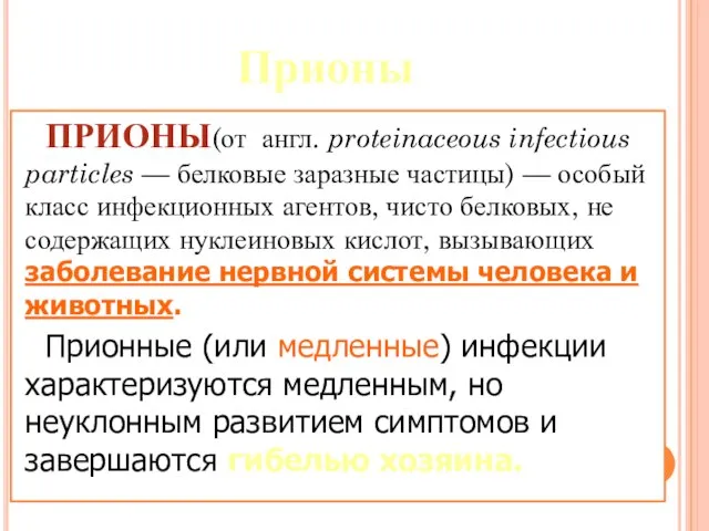 Прионы ПРИОНЫ(от англ. proteinaceous infectious particles — белковые заразные частицы) —