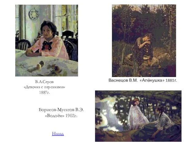 Васнецов В.М. «Алёнушка» 1881г. В.А.Серов «Девочка с персиками» 1887г. Борисов-Мусатов В.Э. «Водоём» 1902г. Назад