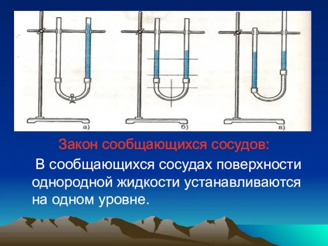 Закон сообщающихся сосудов: В сообщающихся сосудах поверхности однородной жидкости устанавливаются на одном уровне.