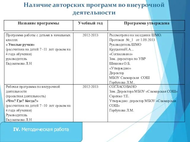 Наличие авторских программ во внеурочной деятельности IV. Методическая работа