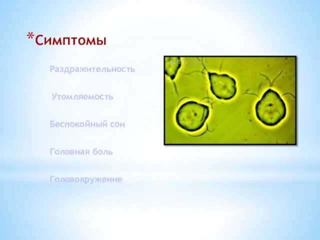 Симптомы Раздражительность Утомляемость Беспокойный сон Головная боль Головокружение