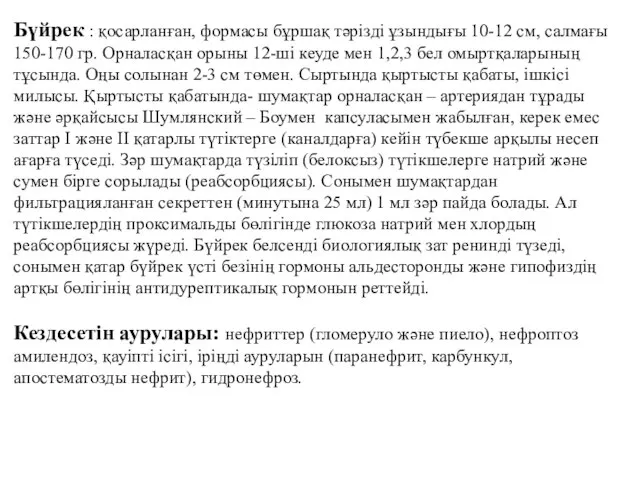 Бүйрек : қосарланған, формасы бұршақ тәрізді ұзындығы 10-12 см, салмағы 150-170