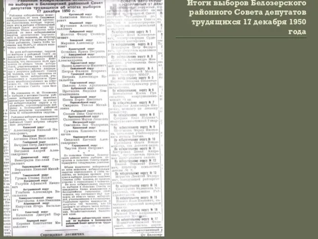 Итоги выборов Белозерского районного Совета депутатов трудящихся 17 декабря 1950 года