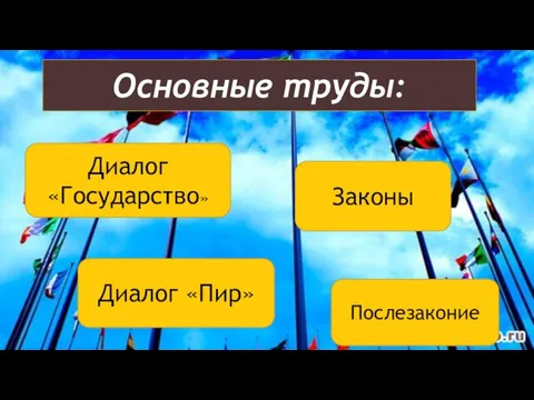 Диалог «Государство» Законы Диалог «Пир» Послезаконие Основные труды: