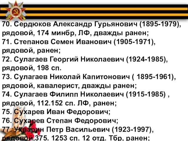 70. Сердюков Александр Гурьянович (1895-1979), рядовой, 174 минбр, ЛФ, дважды ранен;