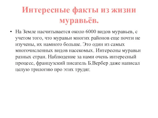 Интересные факты из жизни муравьёв. На Земле насчитывается около 6000 видов