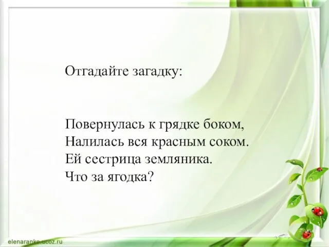 Отгадайте загадку: Повернулась к грядке боком, Налилась вся красным соком. Ей сестрица земляника. Что за ягодка?