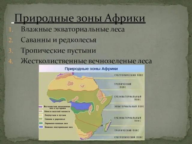 Влажные экваториальные леса Саванны и редколесья Тропические пустыни Жестколиственные вечнозеленые леса Природные зоны Африки