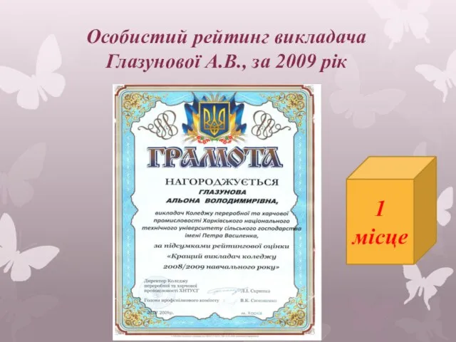 Особистий рейтинг викладача Глазунової А.В., за 2009 рік 1 місце