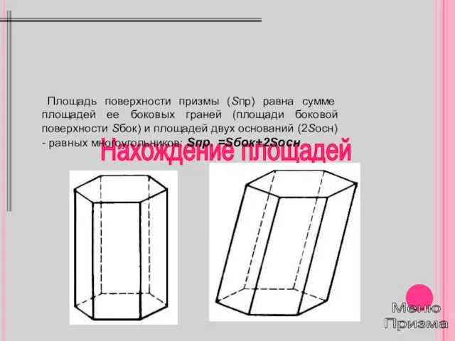 Нахождение площадей Площадь поверхности призмы (Sпр) равна сумме площадей ее боковых