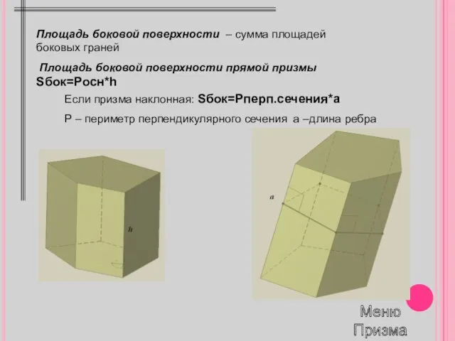 Площадь боковой поверхности – сумма площадей боковых граней Площадь боковой поверхности