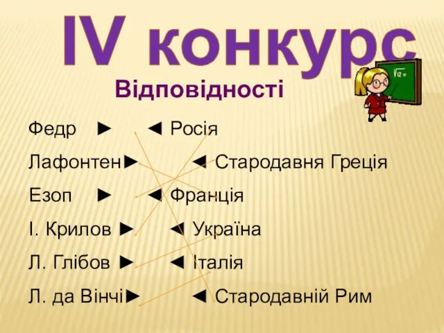 ІV конкурс Федр ► ◄ Росія Лафонтен► ◄ Стародавня Греція Езоп