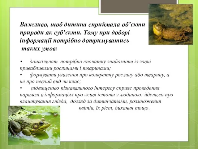 Важливо, щоб дитина сприймала об’єкти природи як суб’єкти. Тому при доборі