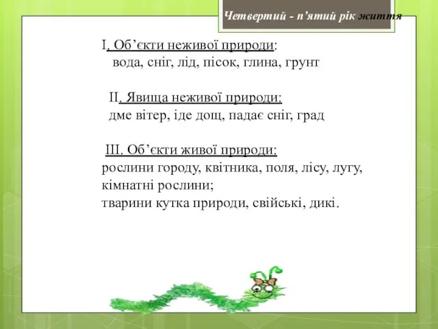 І. Об’єкти неживої природи: вода, сніг, лід, пісок, глина, грунт ІІ.