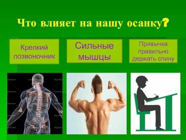 Что влияет на нашу осанку? Крепкий позвоночник Сильные мышцы Привычка правильно держать спину