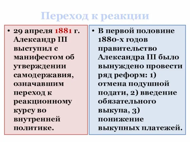 Переход к реакции 29 апреля 1881 г. Александр III выступил с