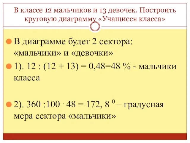 В классе 12 мальчиков и 13 девочек. Построить круговую диаграмму «Учащиеся