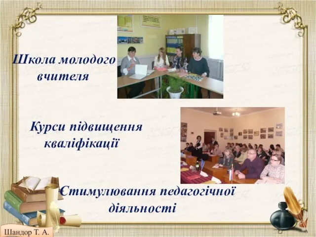 Школа молодого вчителя Курси підвищення кваліфікації Стимулювання педагогічної діяльності