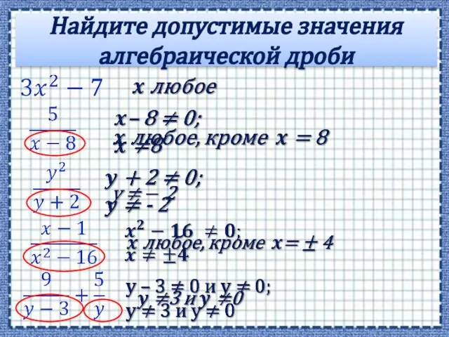 Найдите допустимые значения алгебраической дроби