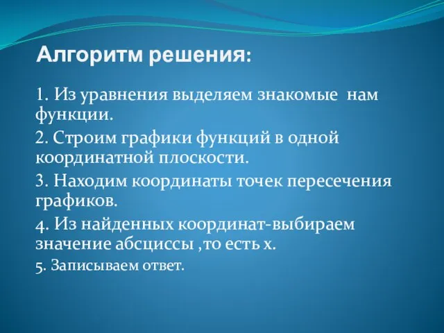 Алгоритм решения: 1. Из уравнения выделяем знакомые нам функции. 2. Строим