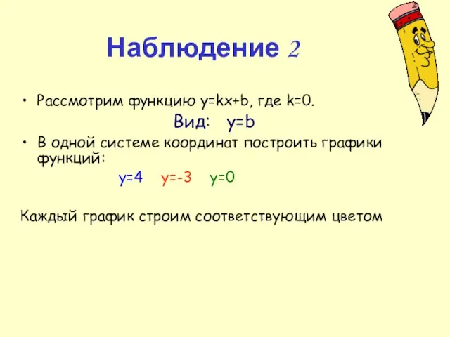 Наблюдение 2 Рассмотрим функцию y=kx+b, где k=0. Вид: y=b В одной