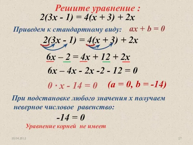 19.04.2012 Уравнение корней не имеет Решите уравнение : 2(3х - 1)