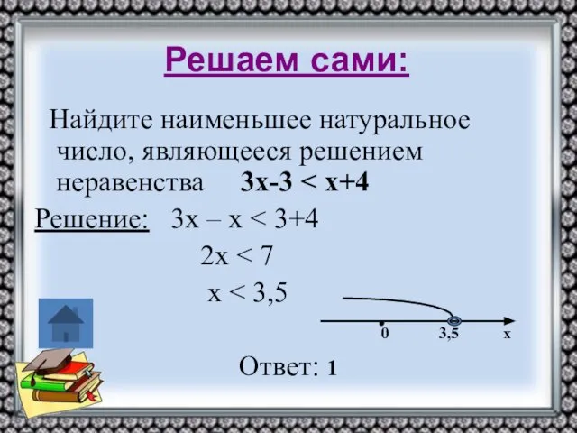 Решаем сами: Найдите наименьшее натуральное число, являющееся решением неравенства 3х-3 Решение: