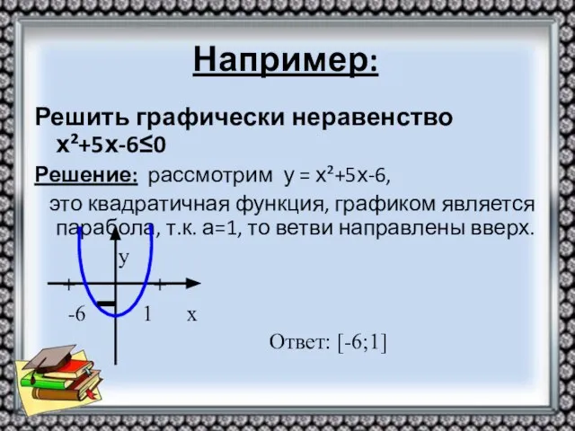 Например: Решить графически неравенство х²+5х-6≤0 Решение: рассмотрим у = х²+5х-6, это