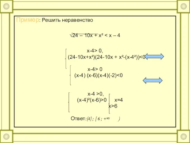 Пример: Решить неравенство √24 – 10x + x² x-4> 0, (24-10x+x²)(24-10x