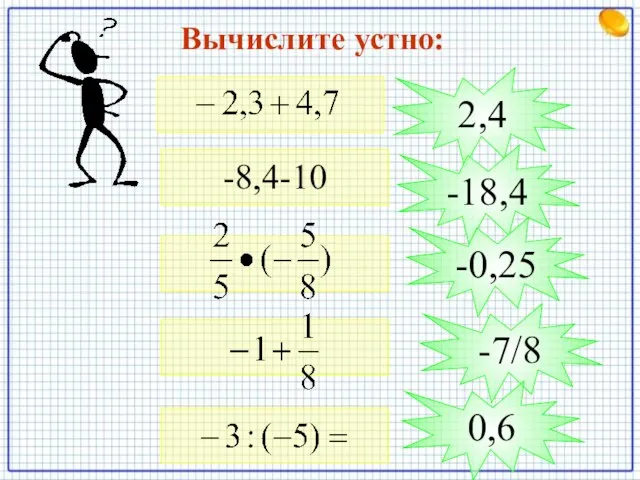 Вычислите устно: -8,4-10 2,4 -18,4 -0,25 -7/8 0,6