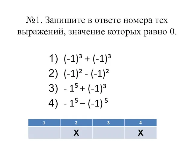 №1. Запишите в ответе номера тех выражений, значение которых равно 0.