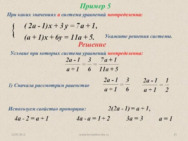 12.09.2012 www.konspekturoka.ru Пример 5 При каких значениях а система уравнений неопределенна: