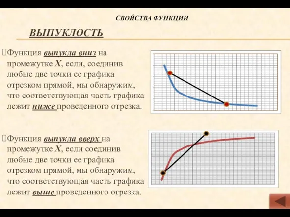 Выпуклость Функция выпукла вниз на промежутке Х, если, соединив любые две