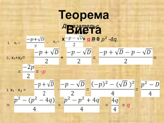 Теорема Виета Доказательство: х ² + pх + q = 0