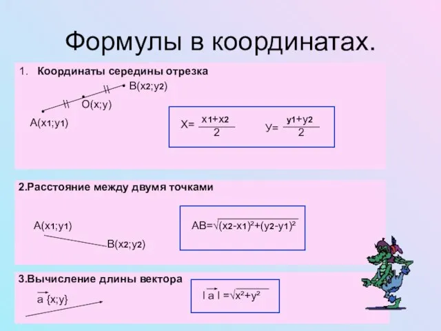 Формулы в координатах. • • 2.Расстояние между двумя точками А(х1;у1) В(х2;у2) 3.Вычисление длины вектора