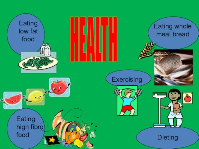 HEALTH Eating low fat food Exercising Dieting Eating whole meal bread Eating high fibro food