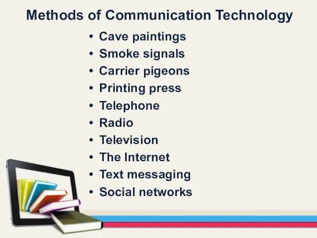 Cave paintings Smoke signals Carrier pigeons Printing press Telephone Radio Television